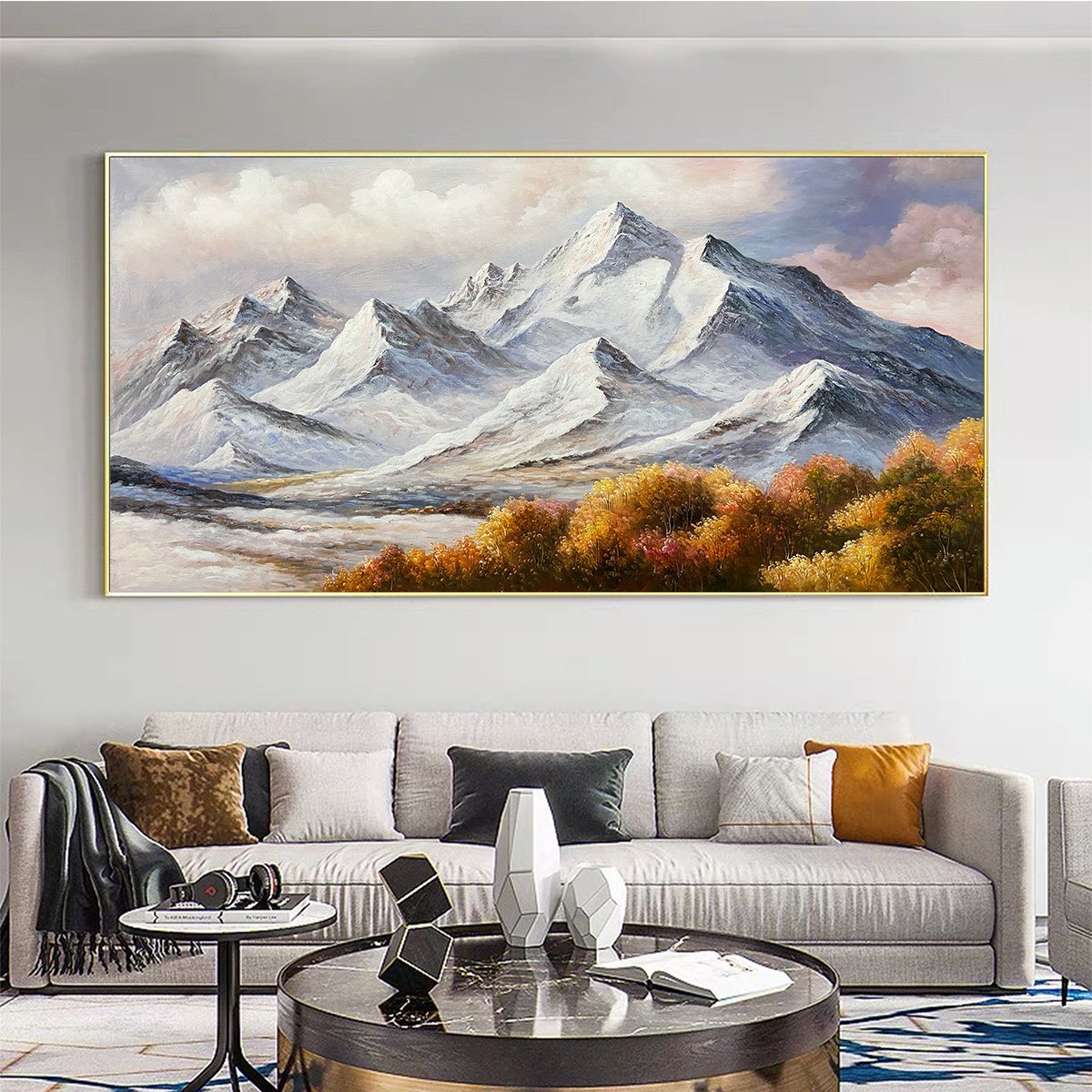 Autumn Majesty: Panoramic Mountain Landscape Oil Painting Canvas
