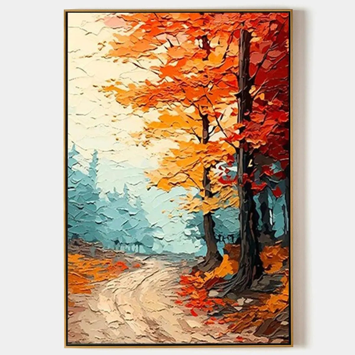 Textured Forest Path Painting, Orange and Blue Wall Art, Vertical Canvas, Impasto Decor