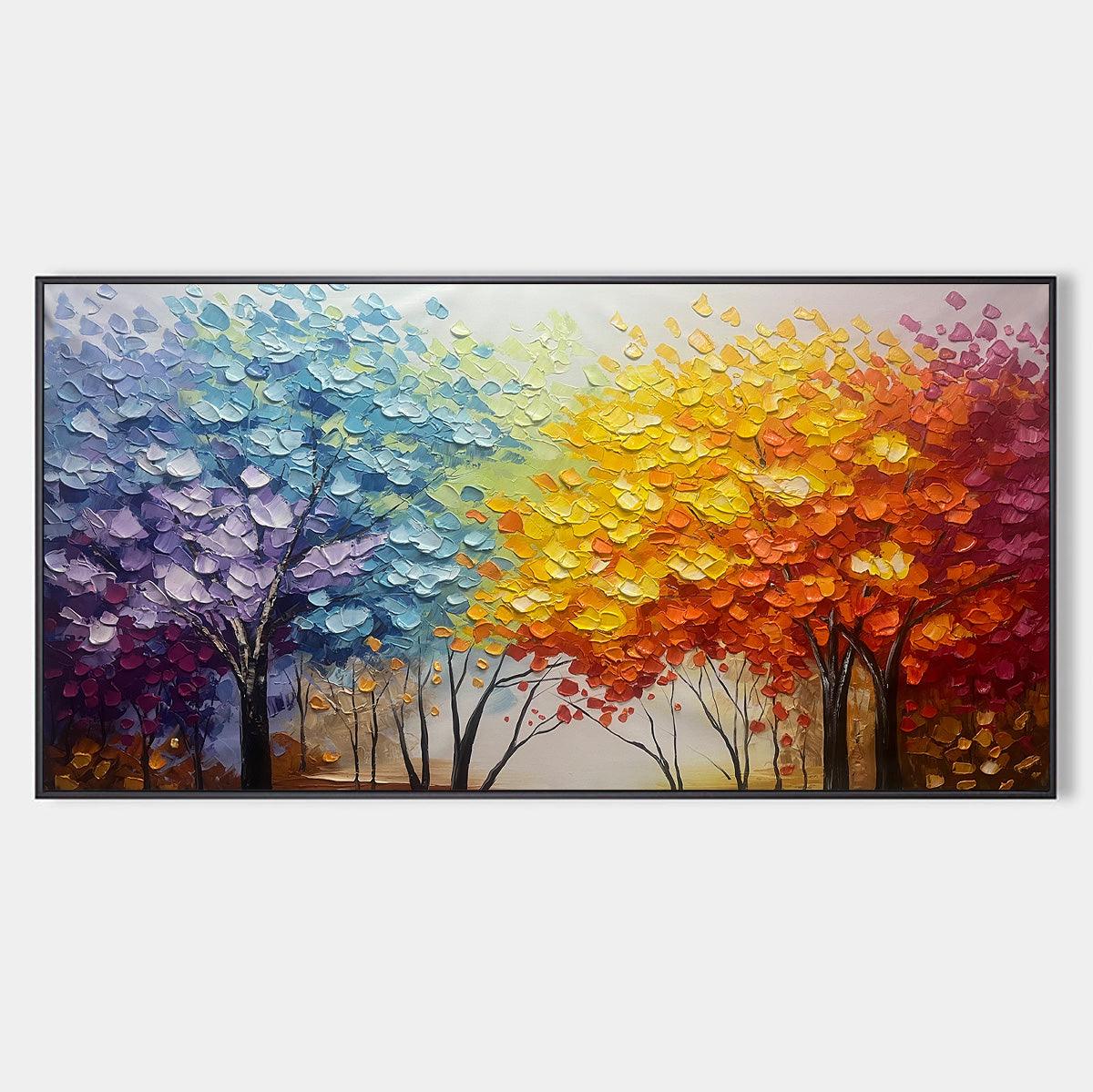 Panoramic Tree Painting in Vibrant Colors, Textured Canvas, Modern Wall Art