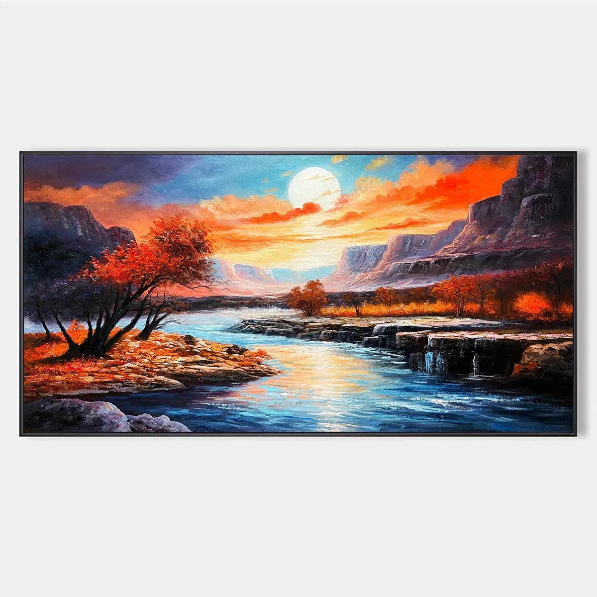 Panoramic Landscape Painting of a River at Sunset, Mountains, and Autumn Trees, Modern Wall Art