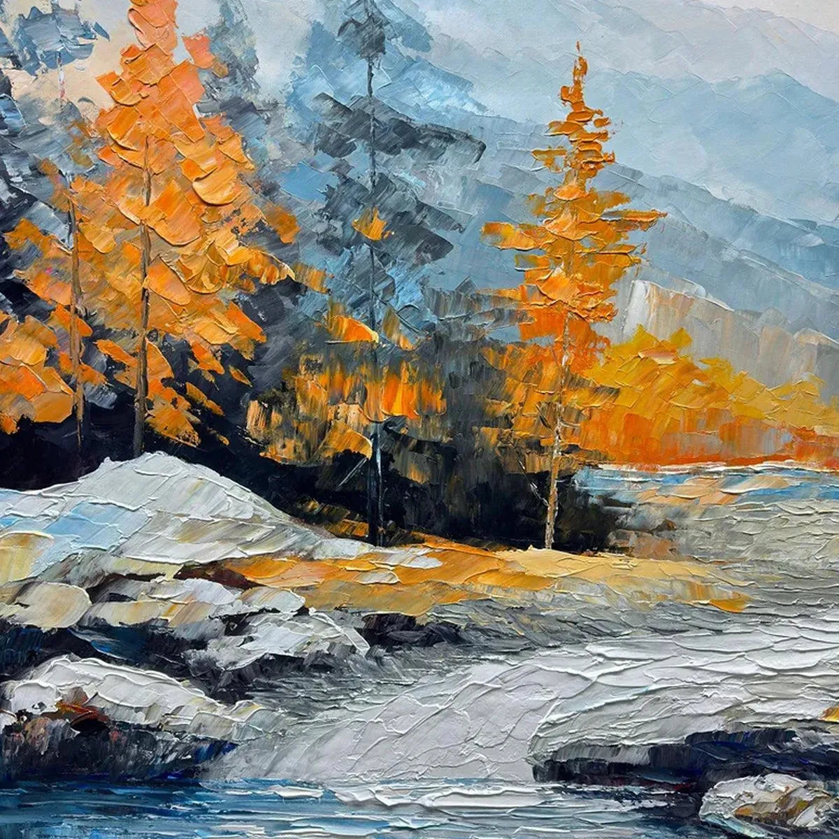 Liam O'Connell's Autumn River: textured impasto landscape painting of river, mountains, and vibrant fall trees.