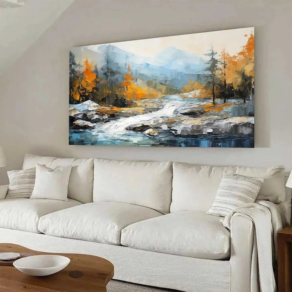 Liam O'Connell's Autumn River: textured impasto landscape painting of river, mountains, and vibrant fall trees.