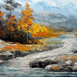 Liam O'Connell's Autumn River: textured impasto landscape painting of river, mountains, and vibrant fall trees.