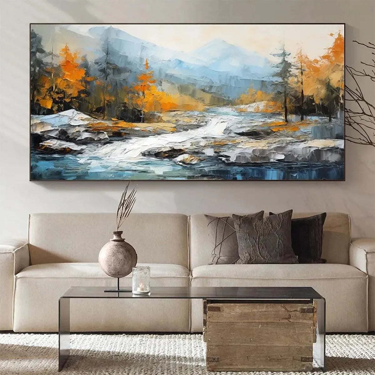 Liam O'Connell's Autumn River: textured impasto landscape painting of river, mountains, and vibrant fall trees.
