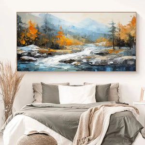 Liam O'Connell's Autumn River: textured impasto landscape painting of river, mountains, and vibrant fall trees.