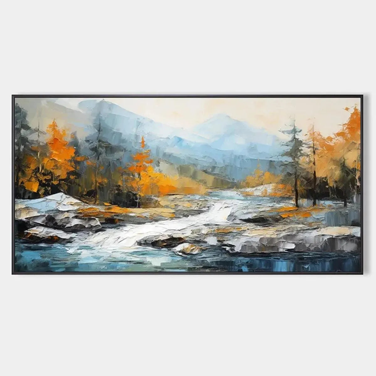 Liam O'Connell's Autumn River: textured impasto landscape painting of river, mountains, and vibrant fall trees.