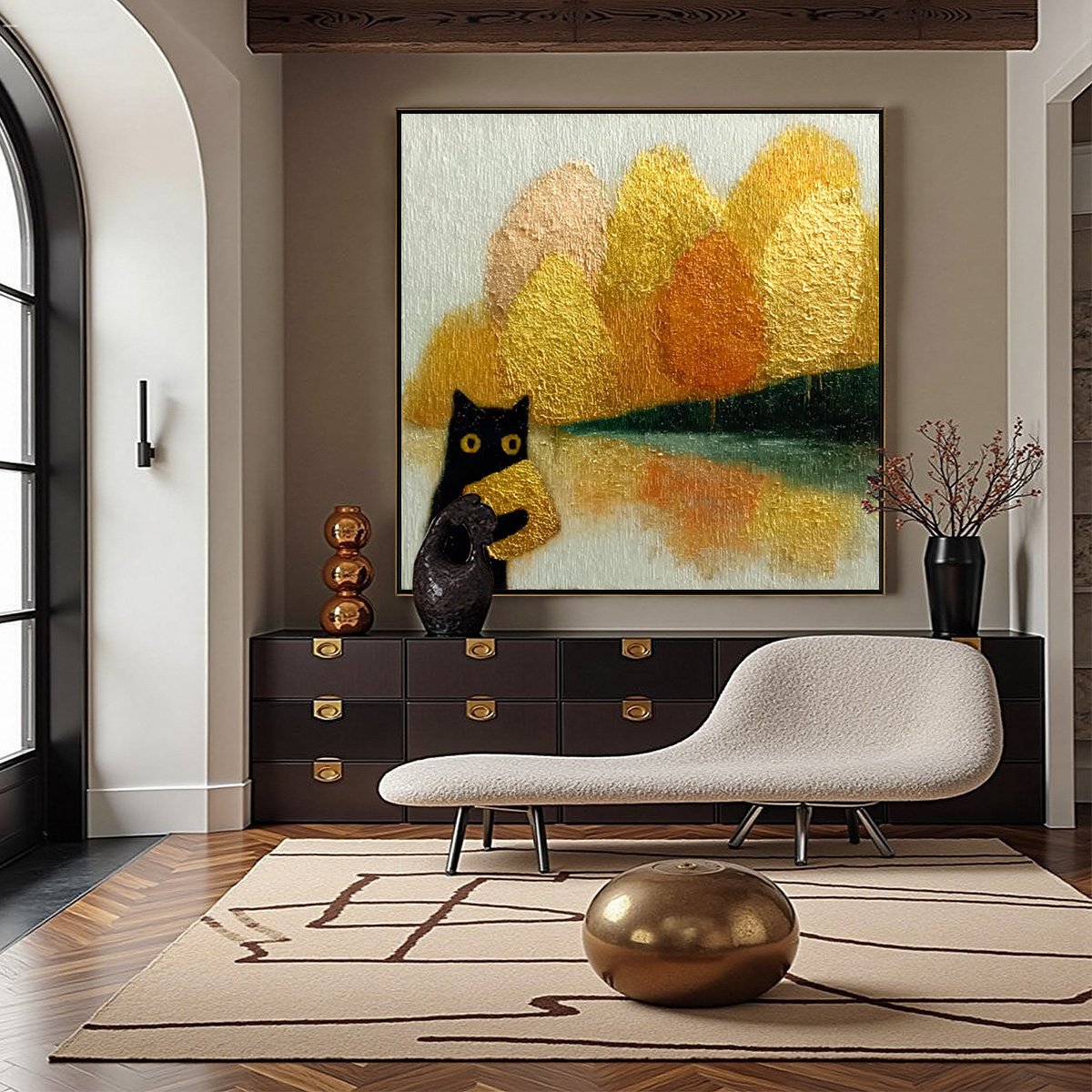 AUTUMN'S TREASURE: Whimsical Textured Gold Leaf Cat Painting