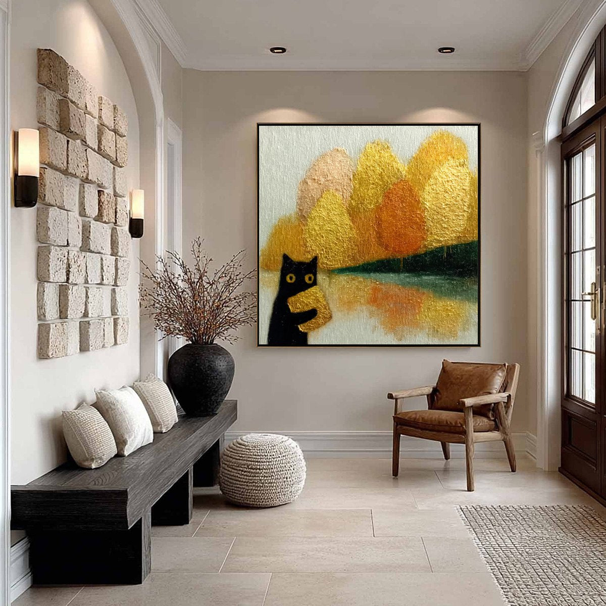 AUTUMN'S TREASURE: Whimsical Textured Gold Leaf Cat Painting