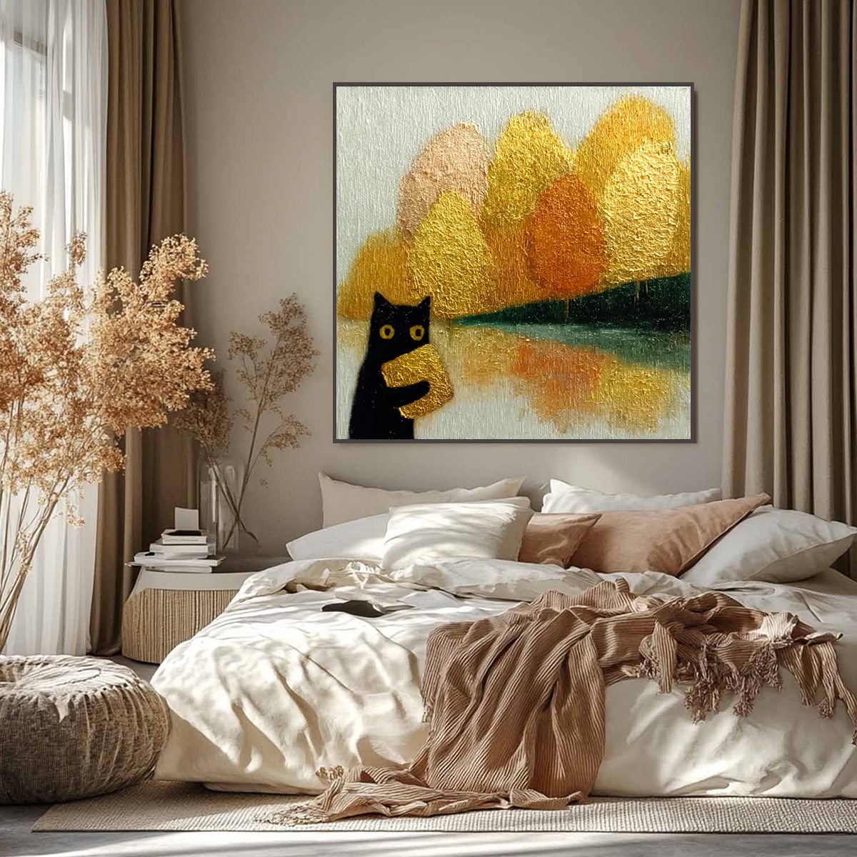 AUTUMN'S TREASURE: Whimsical Textured Gold Leaf Cat Painting