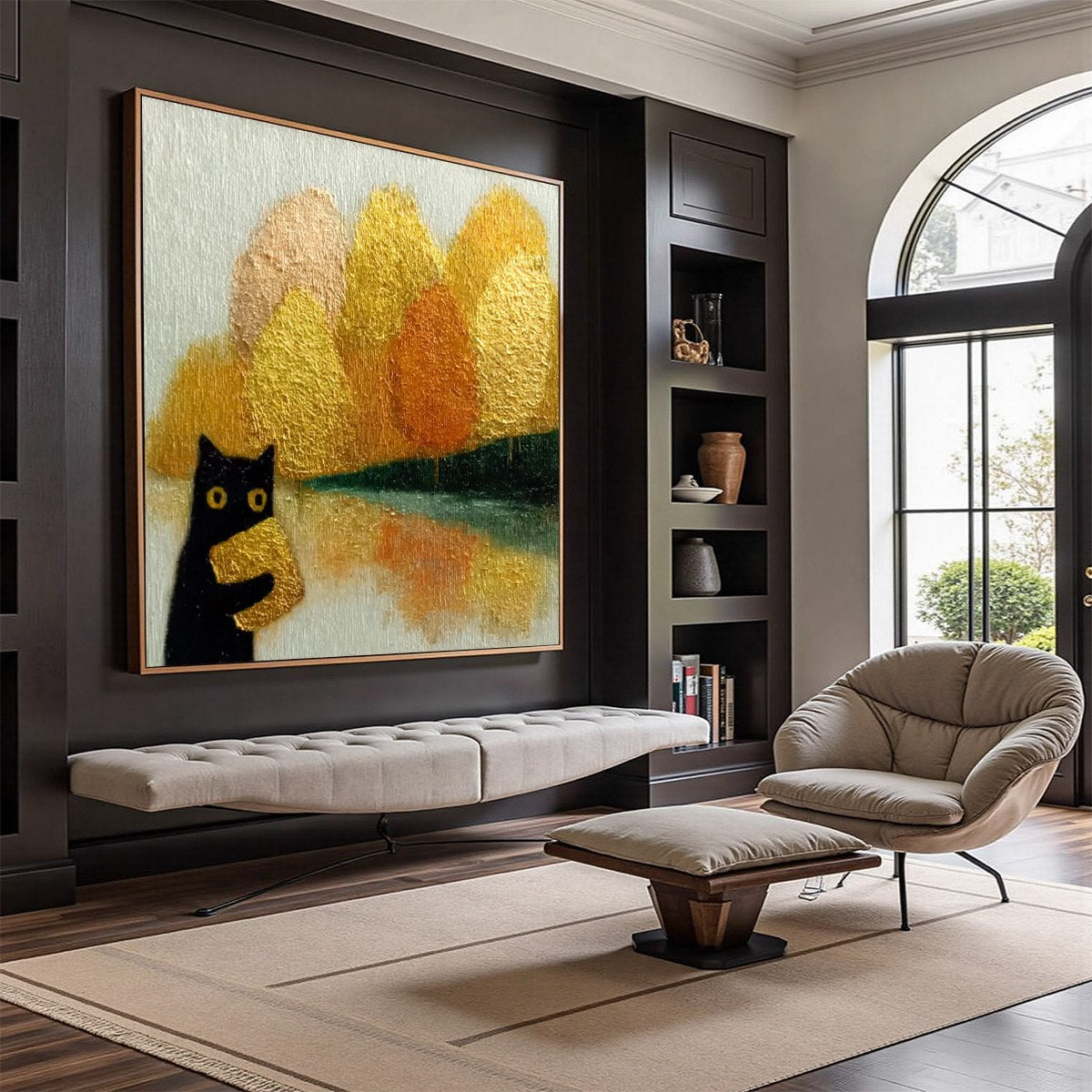 AUTUMN'S TREASURE: Whimsical Textured Gold Leaf Cat Painting