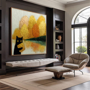 AUTUMN'S TREASURE: Whimsical Textured Gold Leaf Cat Painting
