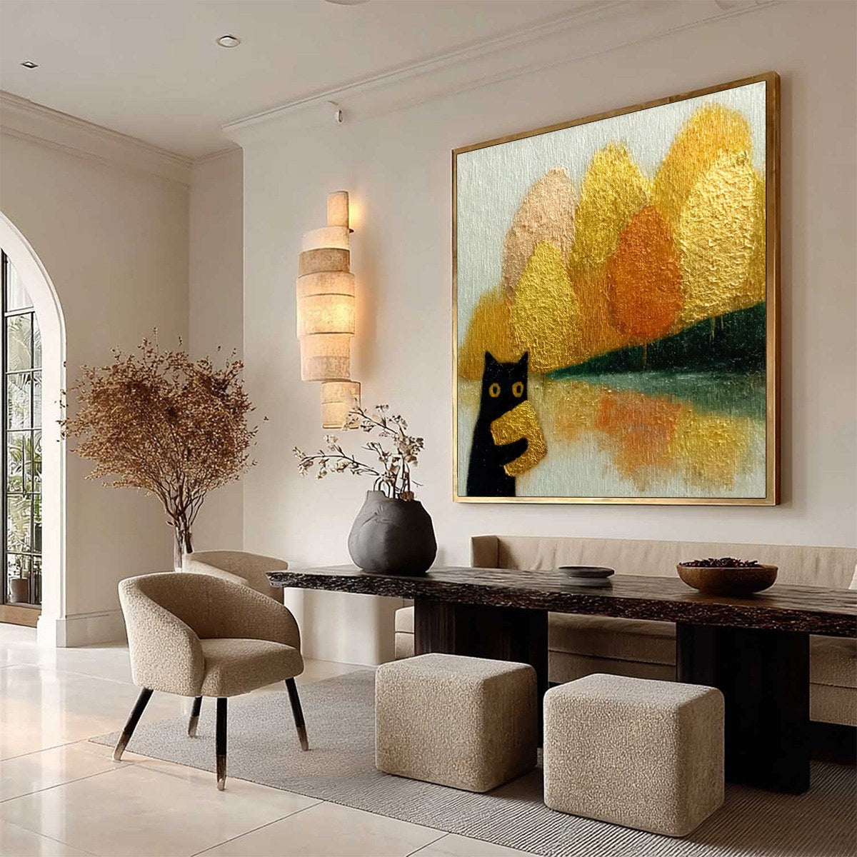 AUTUMN'S TREASURE: Whimsical Textured Gold Leaf Cat Painting