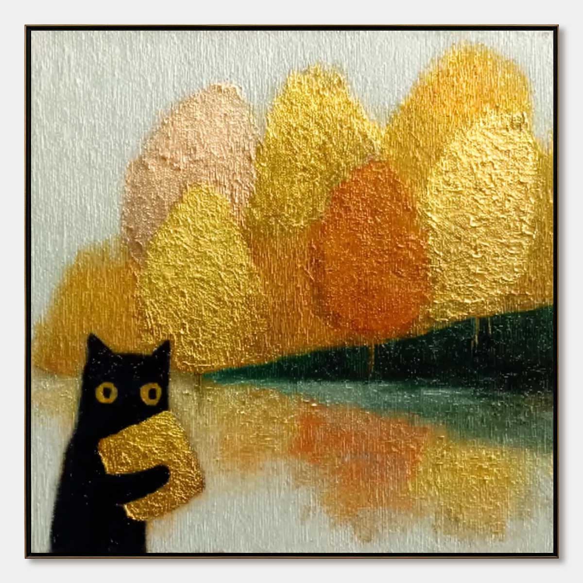 AUTUMN'S TREASURE: Whimsical Textured Gold Leaf Cat Painting