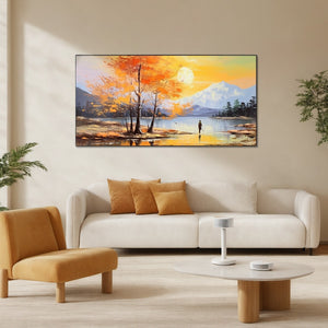 Autumn Serenade: Original Tranquil Lake and Mountain Landscape Oil Painting - Serene Nature Wall Art Decor