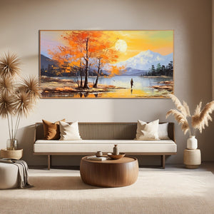 Autumn Serenade: Original Tranquil Lake and Mountain Landscape Oil Painting - Serene Nature Wall Art Decor