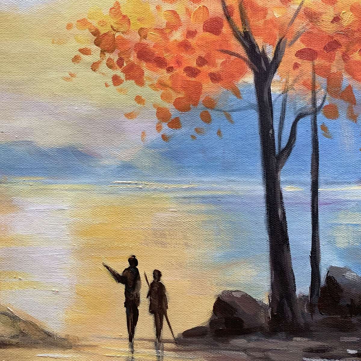 AUTUMN SERENADE: Tranquil Lake and Mountain Landscape Oil Painting