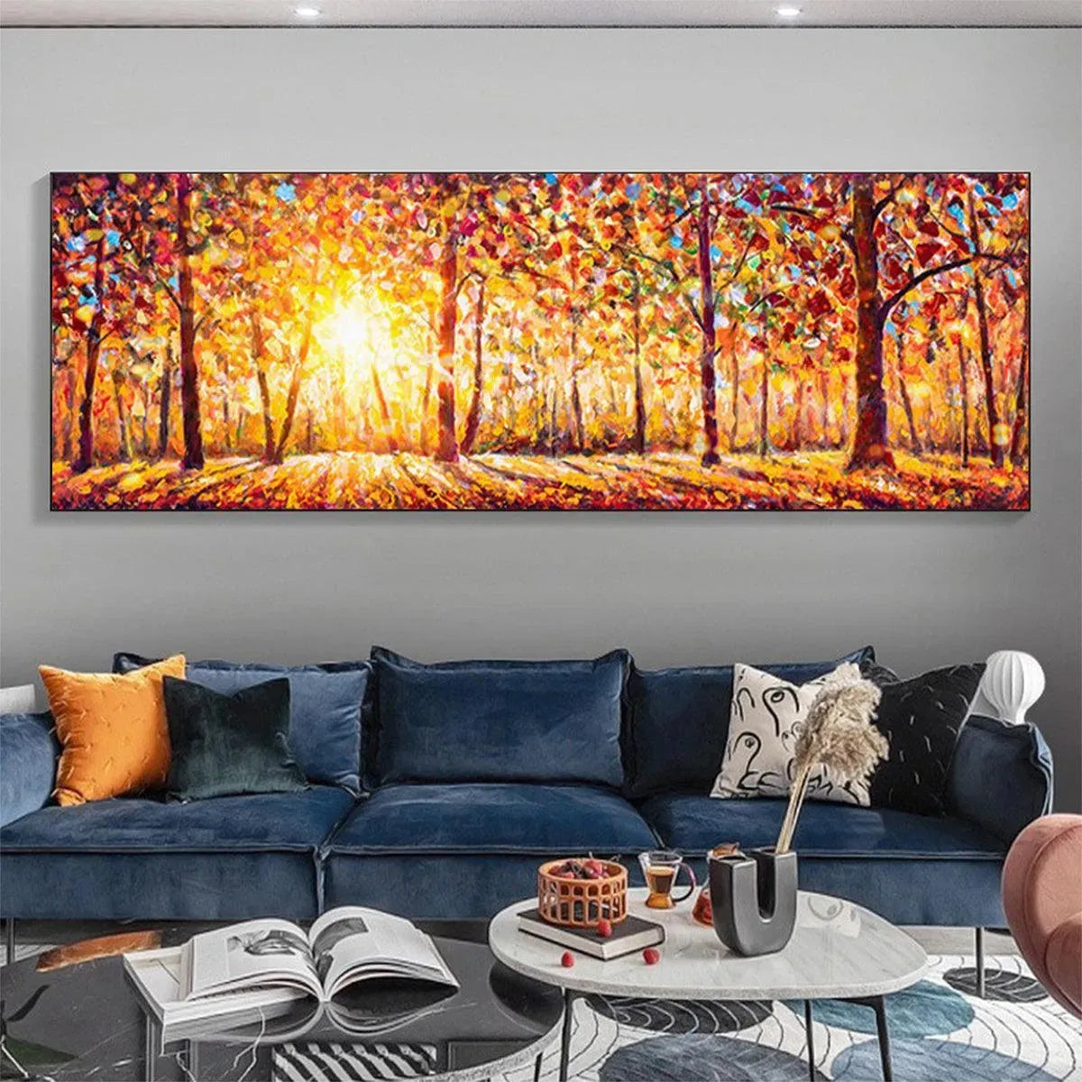 AUTUMN SUNRISE: Panoramic forest painting with warm orange and yellow autumnal foliage and sunlit trees.