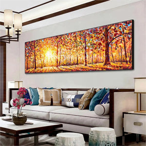 AUTUMN SUNRISE: Panoramic forest painting with warm orange and yellow autumnal foliage and sunlit trees.