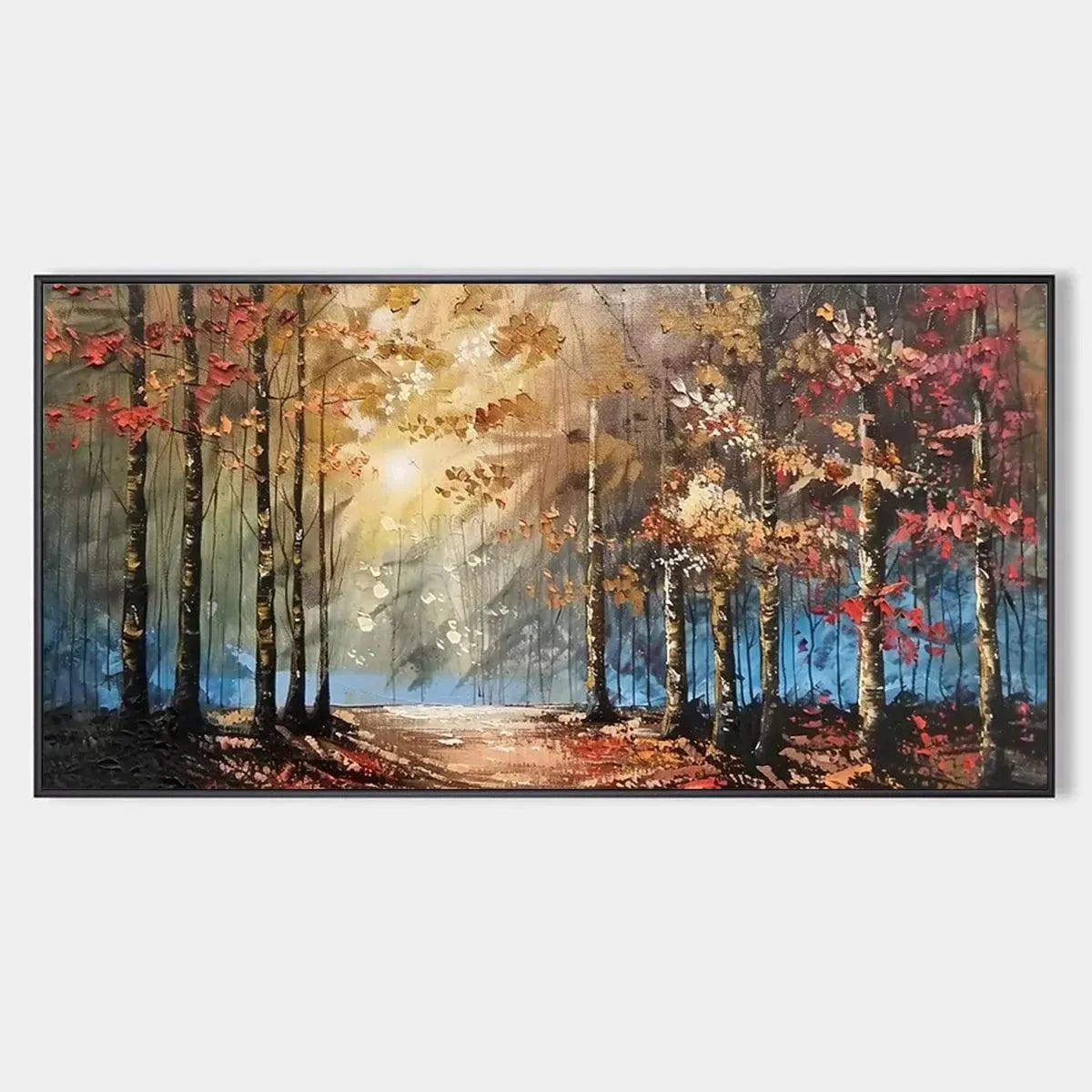 Textured "AUTUMN TRAIL" oil painting by Liam O'Connell. Autumn forest path with sunlight and colorful trees.