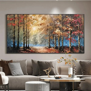 Textured "AUTUMN TRAIL" oil painting by Liam O'Connell. Autumn forest path with sunlight and colorful trees.