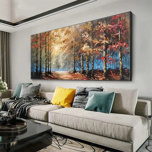 Textured "AUTUMN TRAIL" oil painting by Liam O'Connell. Autumn forest path with sunlight and colorful trees.