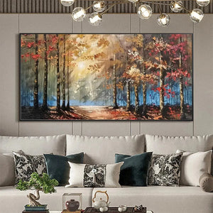 Textured "AUTUMN TRAIL" oil painting by Liam O'Connell. Autumn forest path with sunlight and colorful trees.