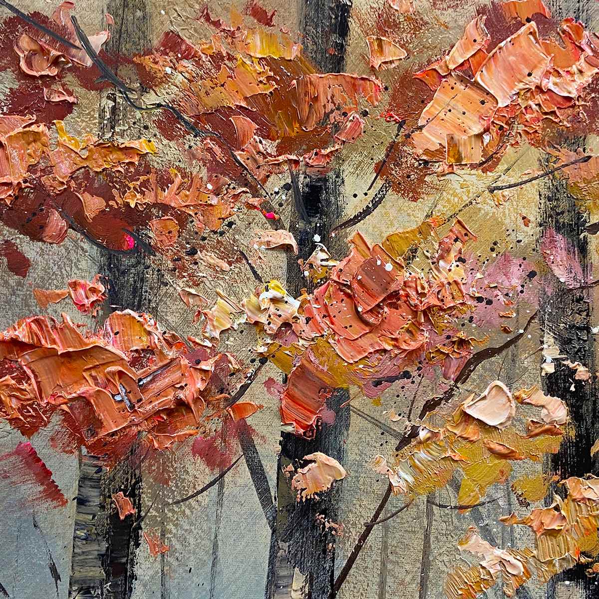 Textured "AUTUMN TRAIL" oil painting by Liam O'Connell. Autumn forest path with sunlight and colorful trees.