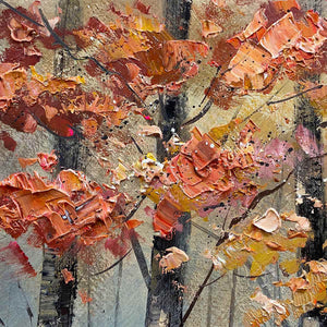 Textured "AUTUMN TRAIL" oil painting by Liam O'Connell. Autumn forest path with sunlight and colorful trees.