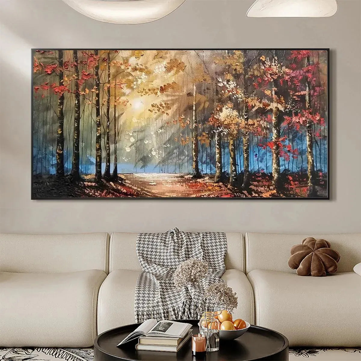 Textured "AUTUMN TRAIL" oil painting by Liam O'Connell. Autumn forest path with sunlight and colorful trees.