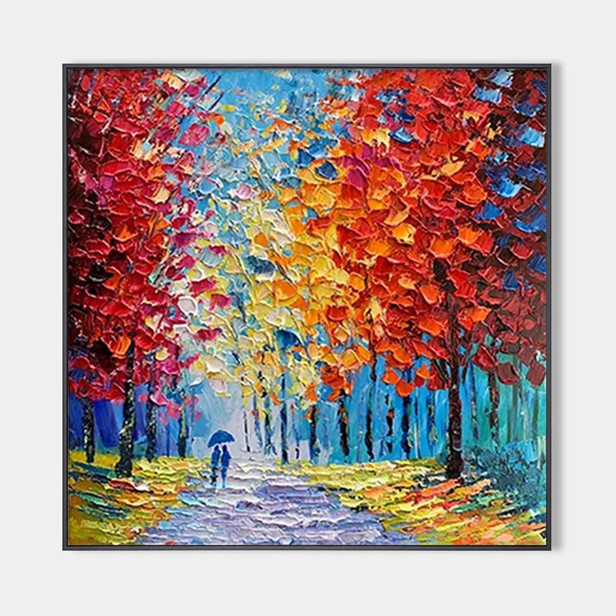 Textured Impasto Painting of a Couple Walking in an Autumn Forest