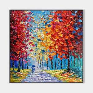 Vibrant textured impasto painting of a couple walking through a colorful autumn forest. 'Autumn Walk' by Isabella Rossi.