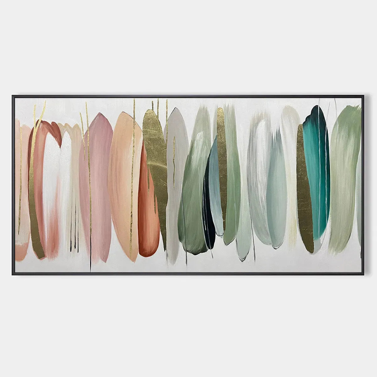 Abstract Painting in Pink, Green, and Gold, Horizontal Canvas, Modern Wall Art