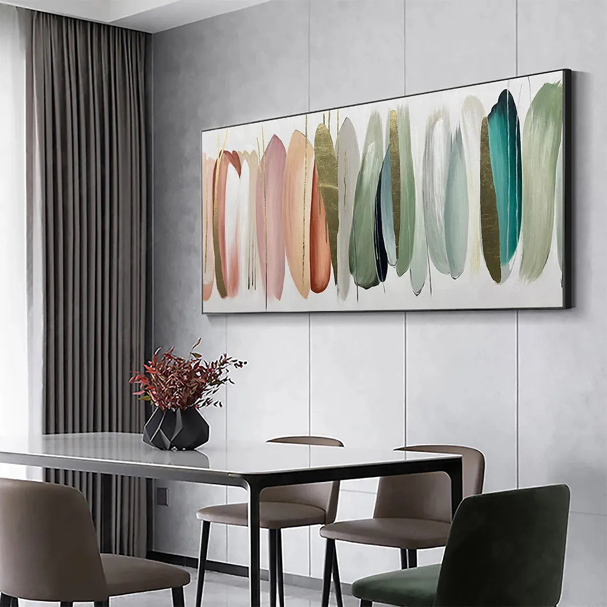 Abstract Painting in Pink, Green, and Gold, Horizontal Canvas, Modern Wall Art