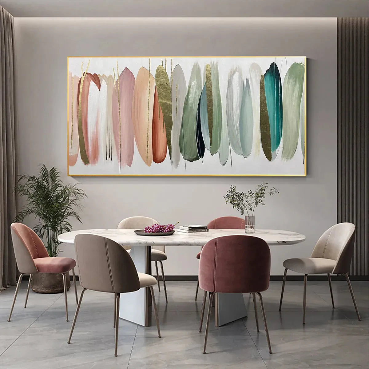 Abstract Painting in Pink, Green, and Gold, Horizontal Canvas, Modern Wall Art