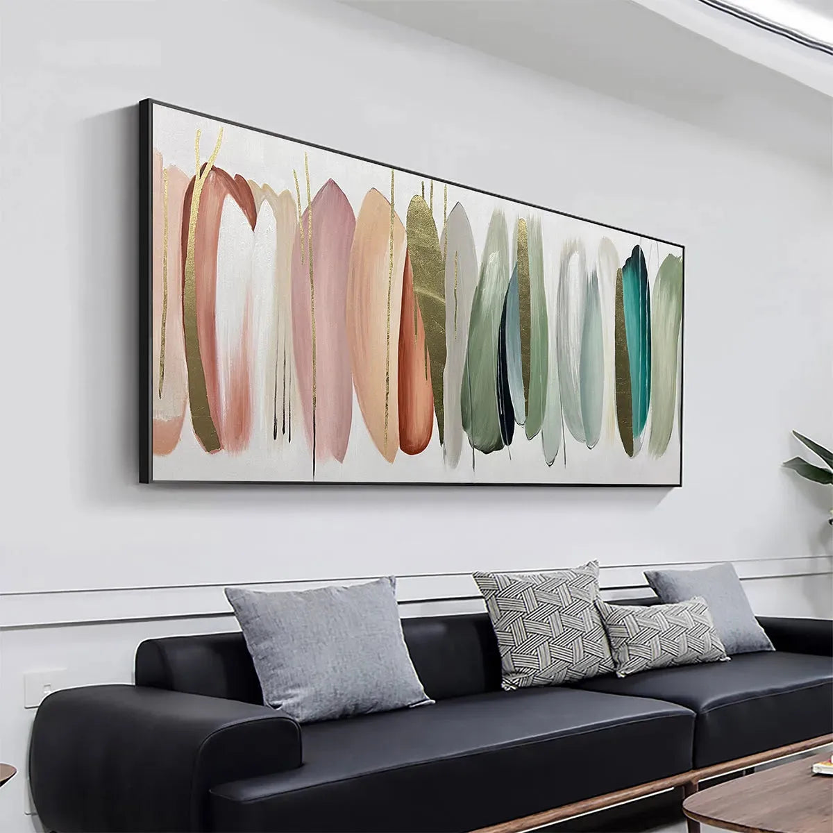 Abstract Painting in Pink, Green, and Gold, Horizontal Canvas, Modern Wall Art