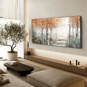 Autumn Whispers horizontal forest painting: birch trees with orange leaves, misty path, serene woodland scene in black frame.