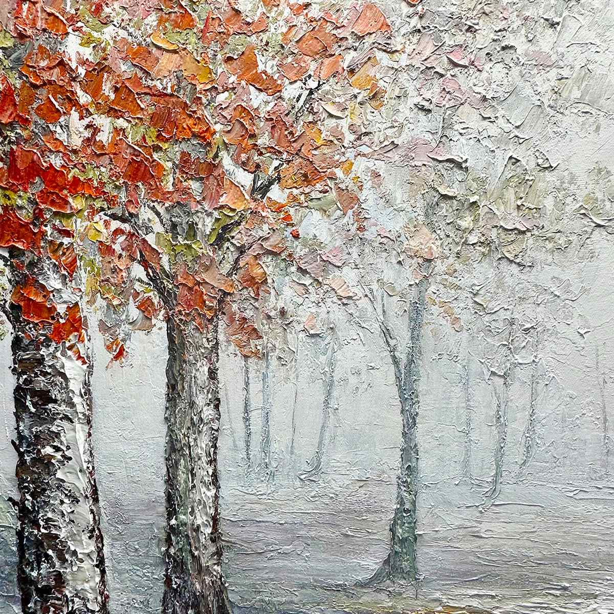 Autumn Whispers horizontal forest painting: birch trees with orange leaves, misty path, serene woodland scene in black frame.