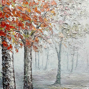 Autumn Whispers horizontal forest painting: birch trees with orange leaves, misty path, serene woodland scene in black frame.