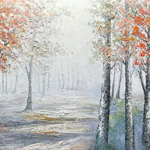 Autumn Whispers horizontal forest painting: birch trees with orange leaves, misty path, serene woodland scene in black frame.