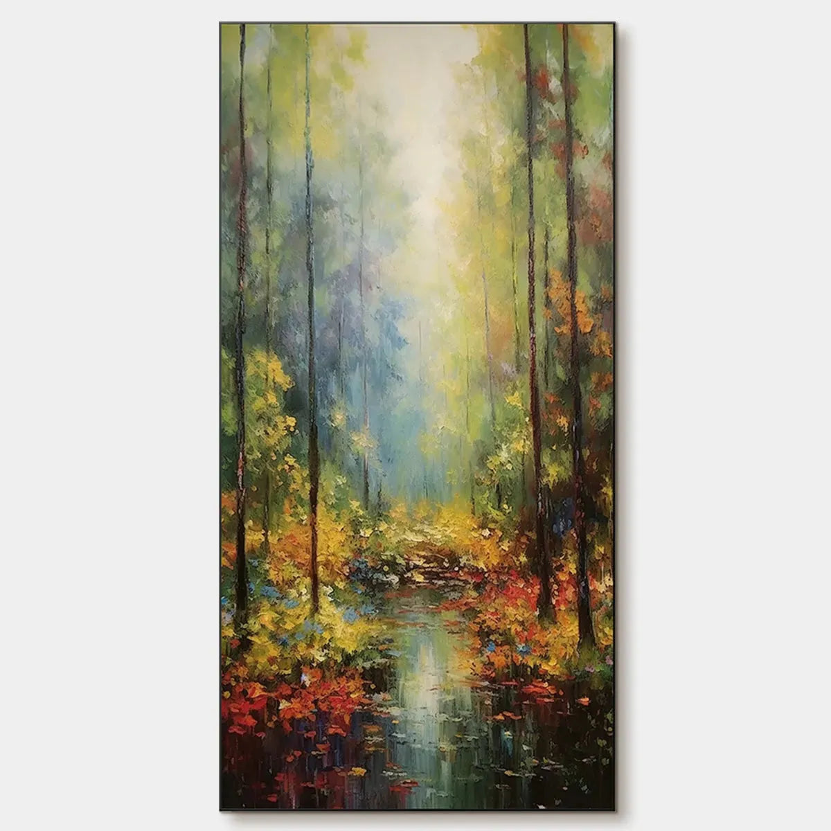 Vertical Landscape Oil Painting, Forest Scene with Stream, Fall Colors, Nature Wall Art