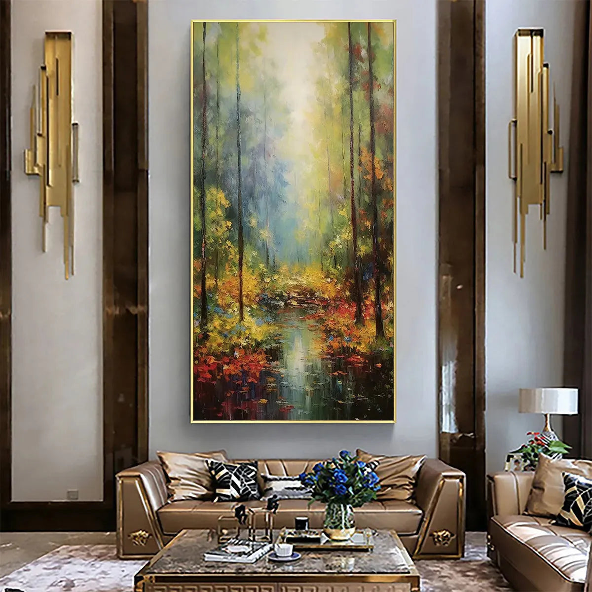 Vertical Landscape Oil Painting, Forest Scene with Stream, Fall Colors, Nature Wall Art