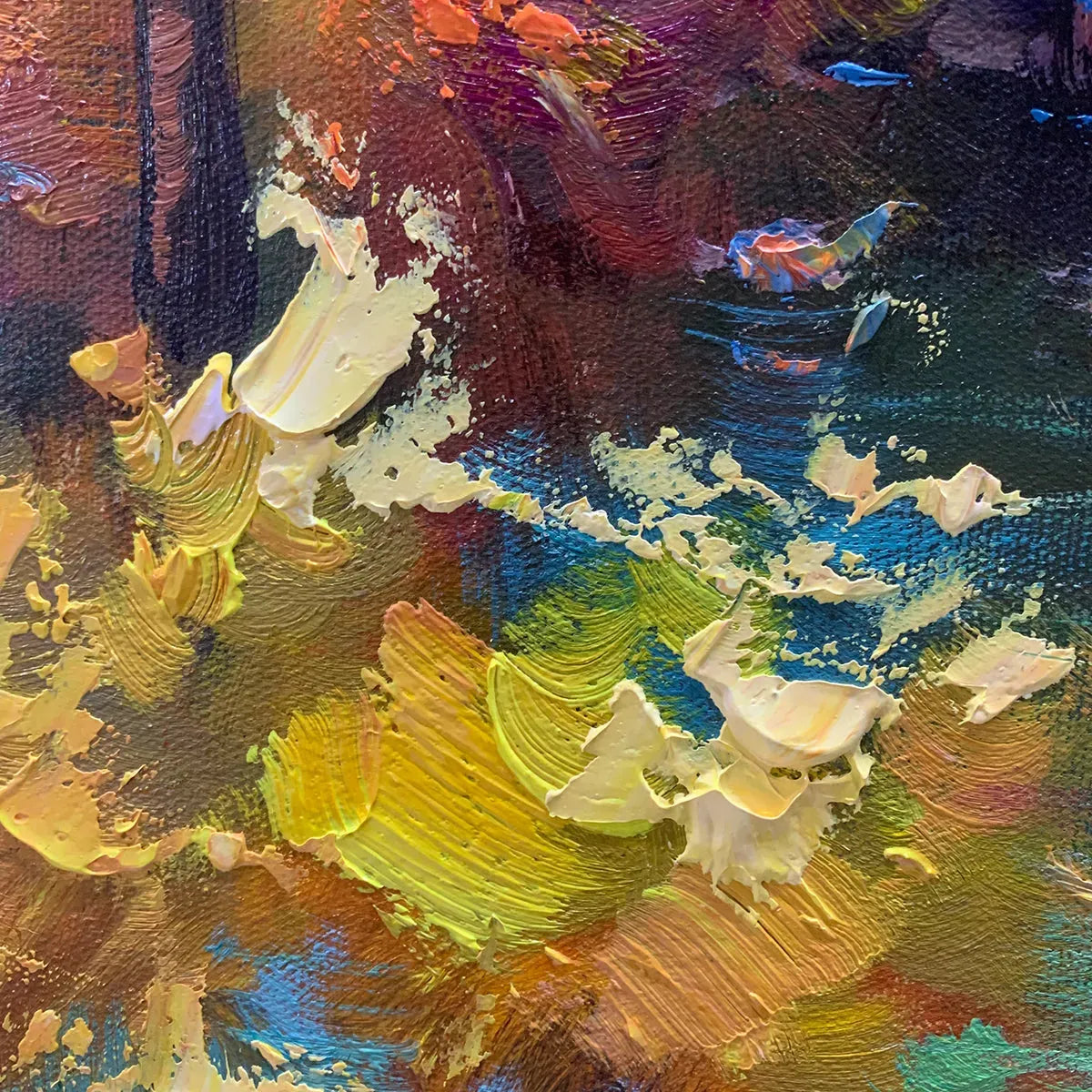 Vertical Landscape Oil Painting, Forest Scene with Stream, Fall Colors, Nature Wall Art
