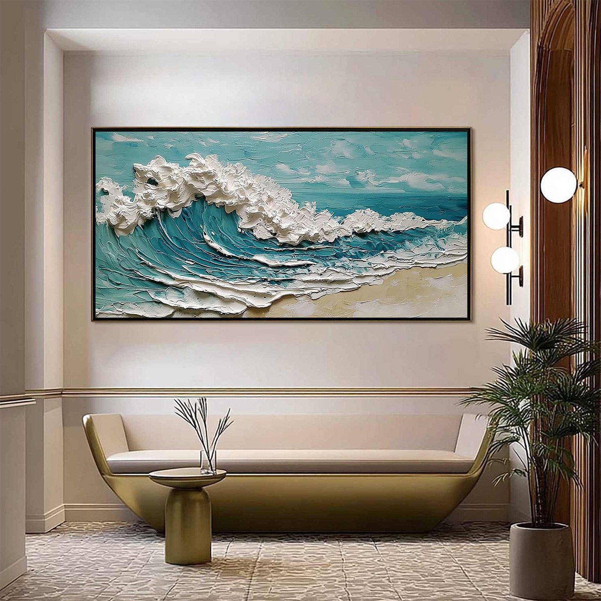 Azure Crest: Textured Ocean Wave Impasto Oil Painting – MontCarta