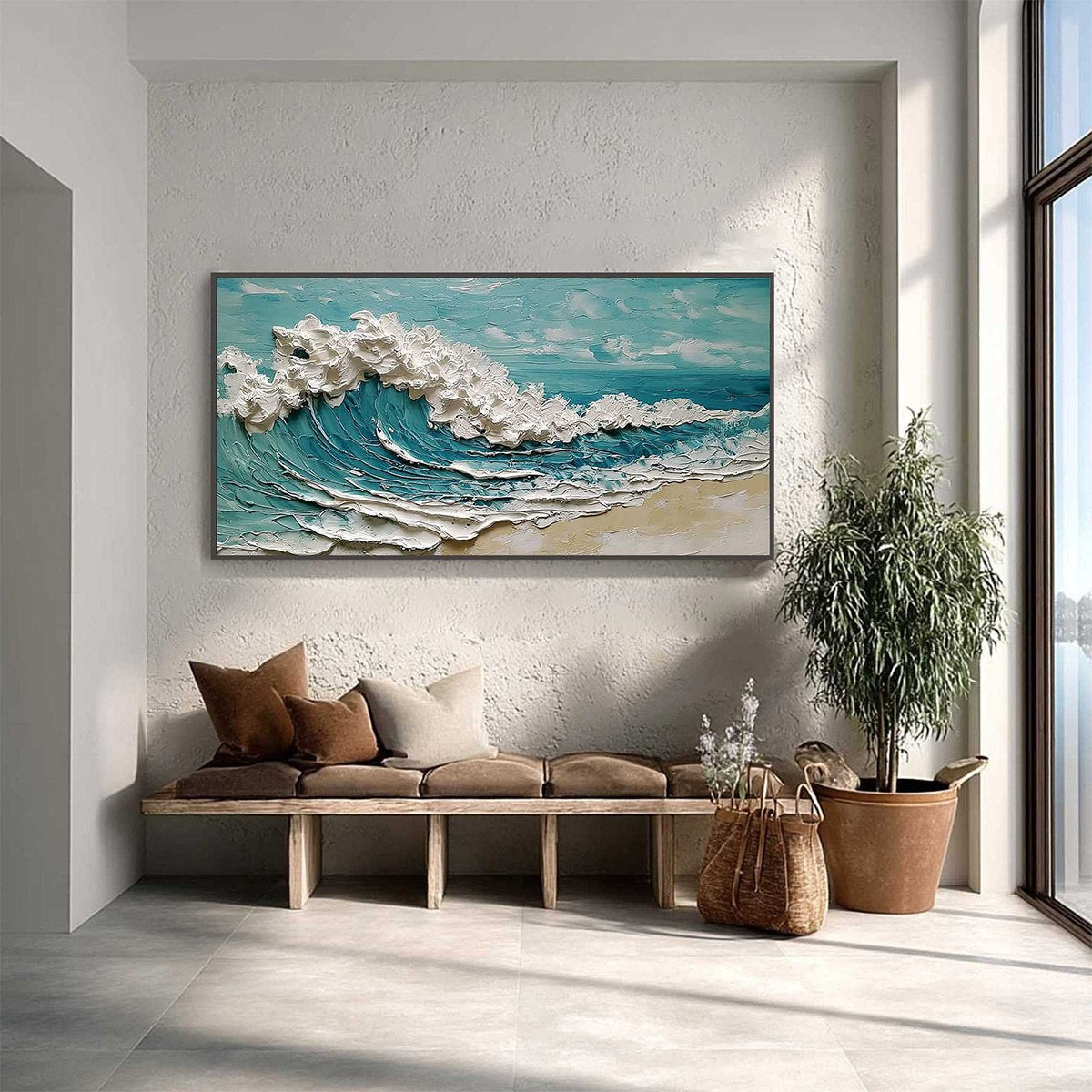 AZURE CREST: Heavily Textured Impasto Ocean Wave Oil Painting