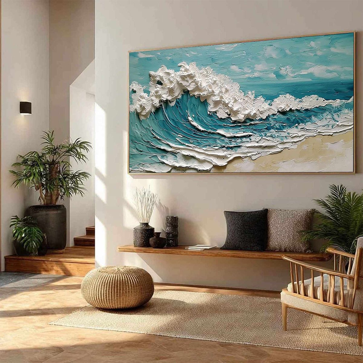 AZURE CREST: Heavily Textured Impasto Ocean Wave Oil Painting
