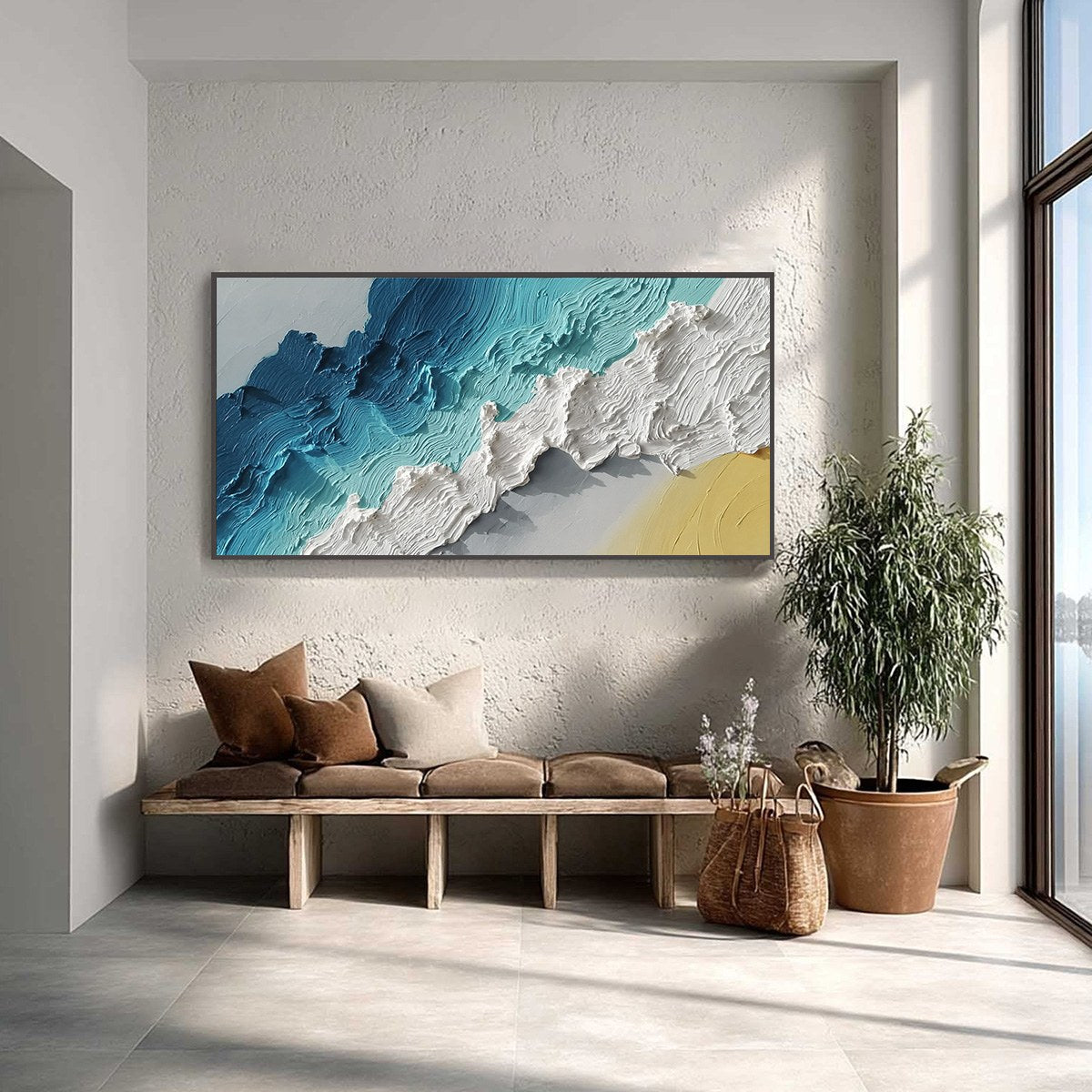 Azure Crest: Original abstract seascape oil painting with heavy impasto texture.