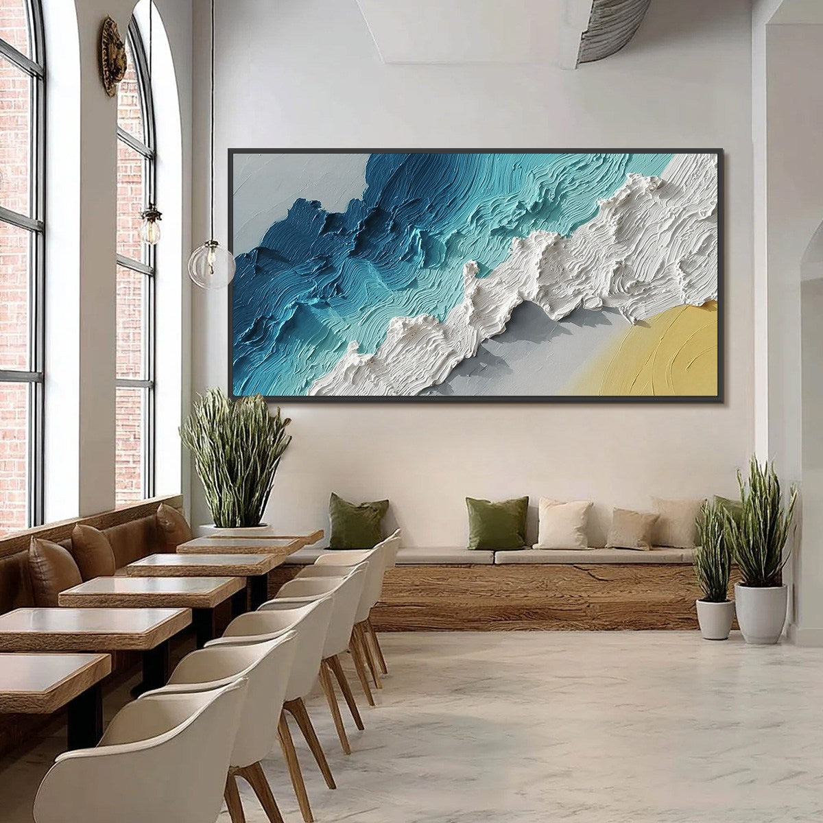 Abstract impasto seascape painting 'Azure Crest', deep blues, white foam, textured wall art.