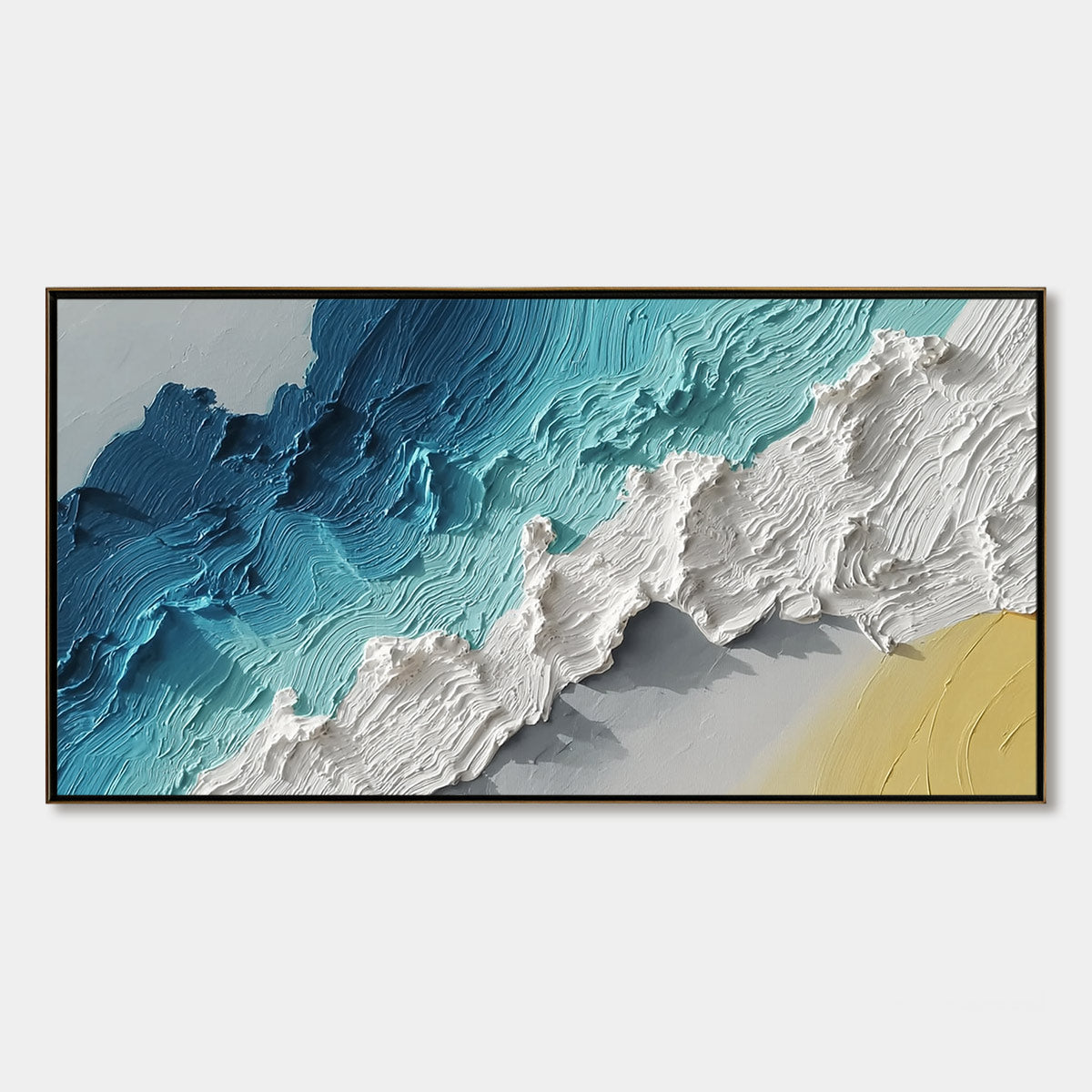 Textured impasto abstract oil painting of blue waves on a sandy beach, 'Azure Crest' modern wall art.