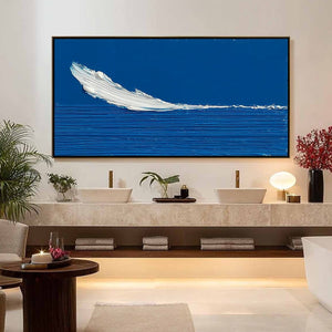 Original impasto oil painting: minimalist abstract seascape, white wave on deep blue.