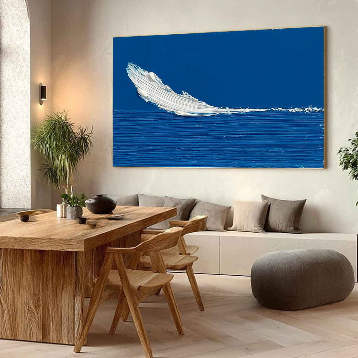 Azure Crest: Textured impasto oil painting, minimalist seascape with white wave on deep blue.